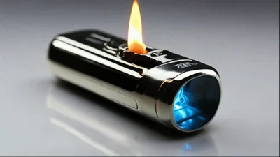 Silver Metal Lighter With Burning Flame And Blue Light