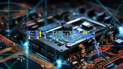 Digital Circuit Board With Glitchy Electric Text Overlay