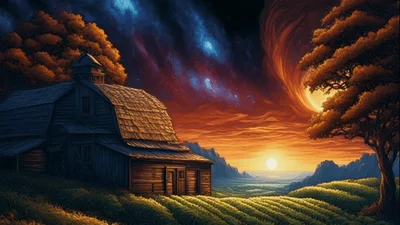 Surreal Farm Landscape Under A Cosmic Sunset Sky