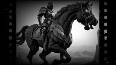 Black And White Knight Riding Horse Through Mountain Landscape