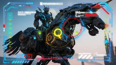 Cybernetic Knight Riding Mechanical Horse in Futuristic City