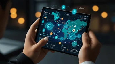 Person Holding Tablet Displaying Global Digital Network Map