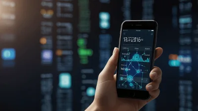 Hand Holding Smartphone Displaying Futuristic Data Analytics Interface