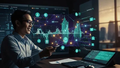 Asian Businessman Analyzing Financial Data on Digital Interface