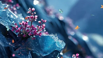 Animated Butterflies Flying Around Pink Flowers On Ice