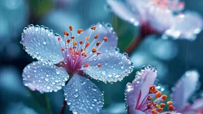Raindrops Falling on Delicate Pink Cherry Blossom Flowers