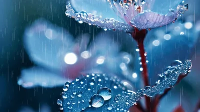 Raindrops Falling On Blue Petals And Leaves