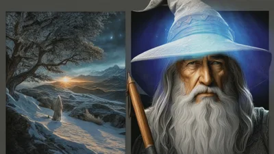 Fantasy Wizard Portrait And Snowy Mountain Landscape Illustration