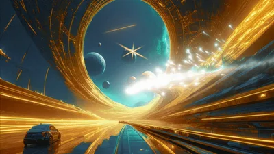 Futuristic Car Driving Through Golden Space Portal