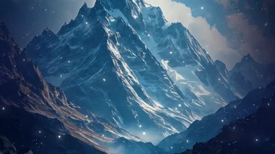 Snowy Mountain Peaks Under A Starry Night Sky