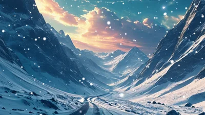 Snow Falling Over A Scenic Mountain Road