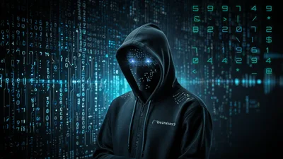 Hacker With Glowing Mask And Digital Code Background