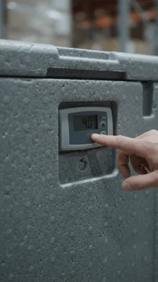 Warehouse Worker Checking Temperature Of Insulated Shipping Container