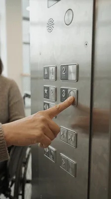 Woman In Wheelchair Pressing Elevator Button