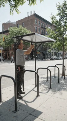 Worker Installing Solar Panel Roof on Bike Rack