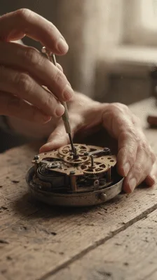 Watchmaker Repairing Vintage Clock Mechanism With Precision Tool