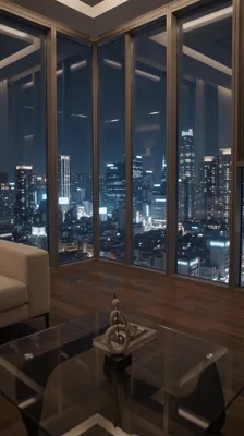 Modern Living Room With Panoramic City Night View