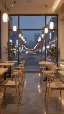 Empty Modern Cafe Interior With City Street View