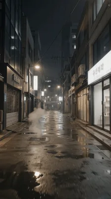 Empty Wet Alleyway at Night with Rising Steam