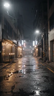 Empty Wet Alleyway At Night In Seoul