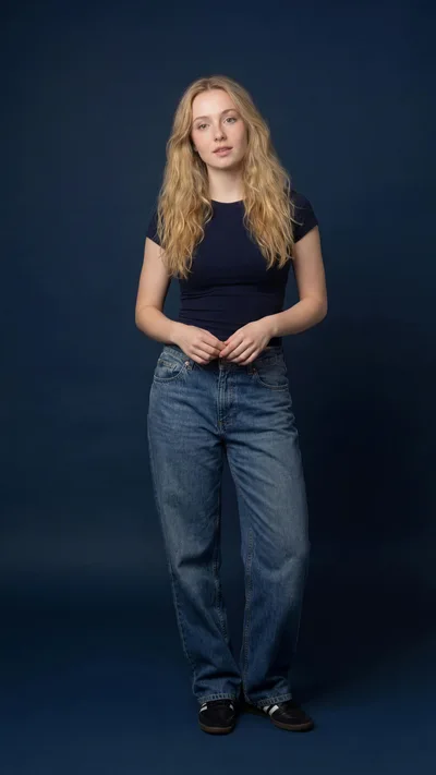 Young Woman Standing Against A Solid Blue Background
