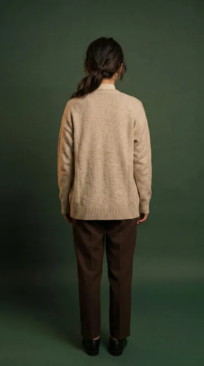 Woman Standing Back View In Beige Cardigan And Trousers