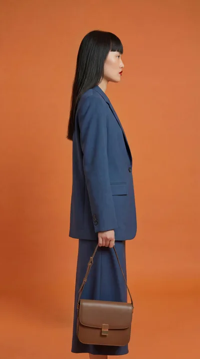 Fashionable Asian Woman Posing In Blue Suit With Handbag