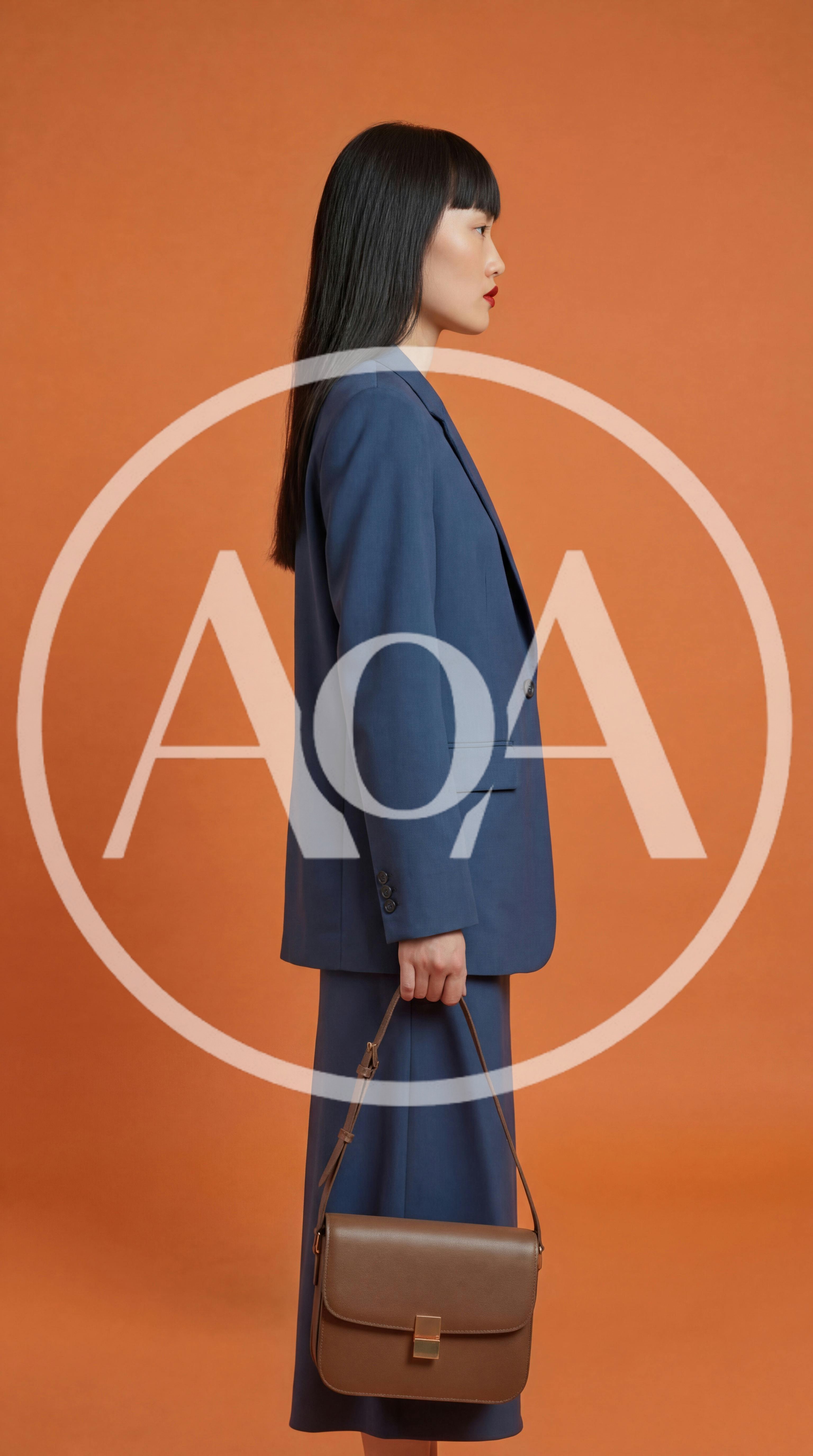 Fashionable Asian Woman Posing In Blue Suit With Handbag
