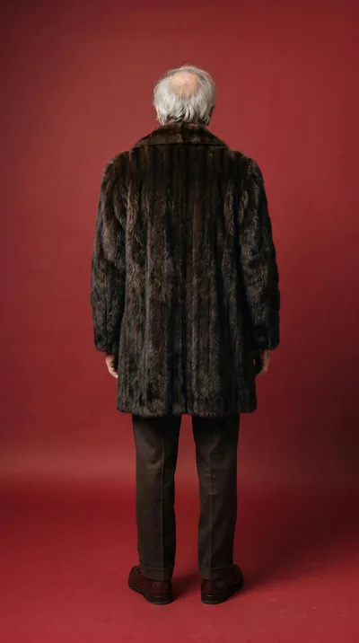 Senior Man Wearing Fur Coat Standing Back View