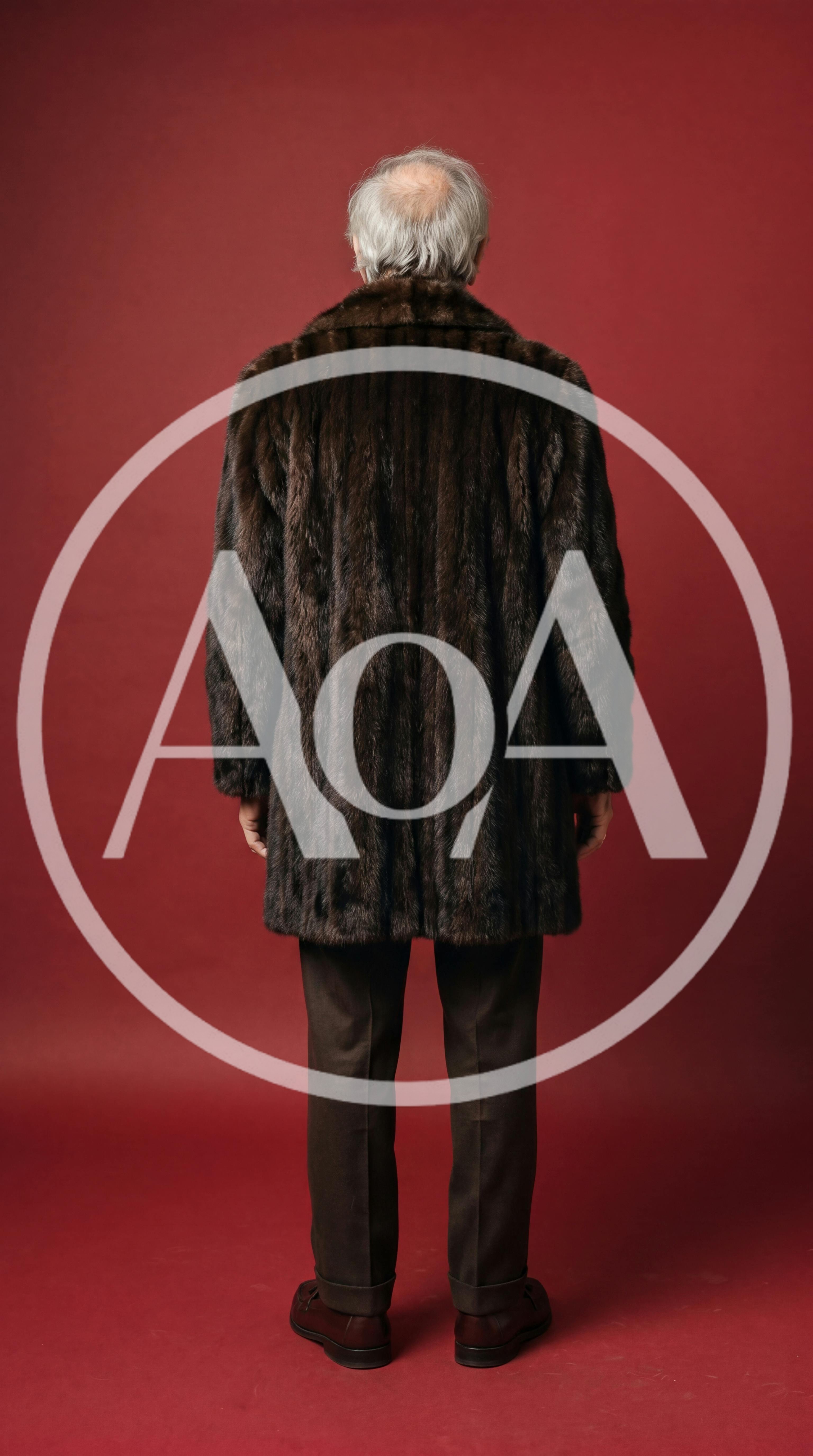 Senior Man Wearing Fur Coat Standing Back View