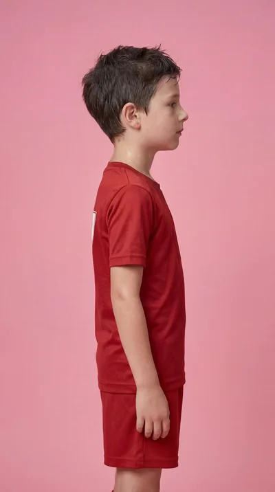 Young Boy Standing In Profile Wearing Red Sportswear