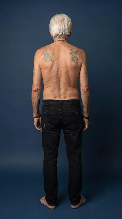Back View Of An Older Man With Tattoos