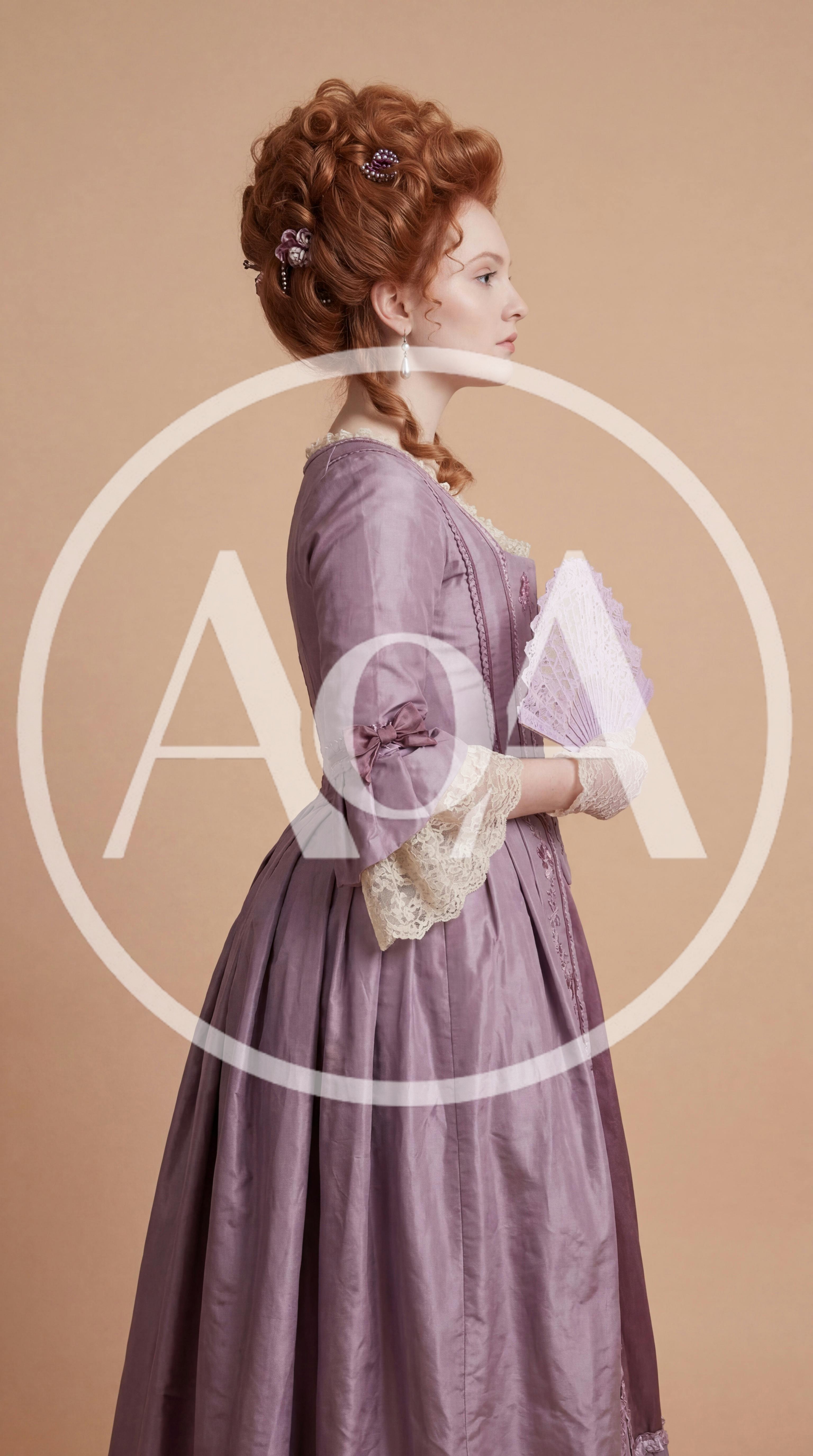 Woman In Historical 18th Century Purple Dress With Fan