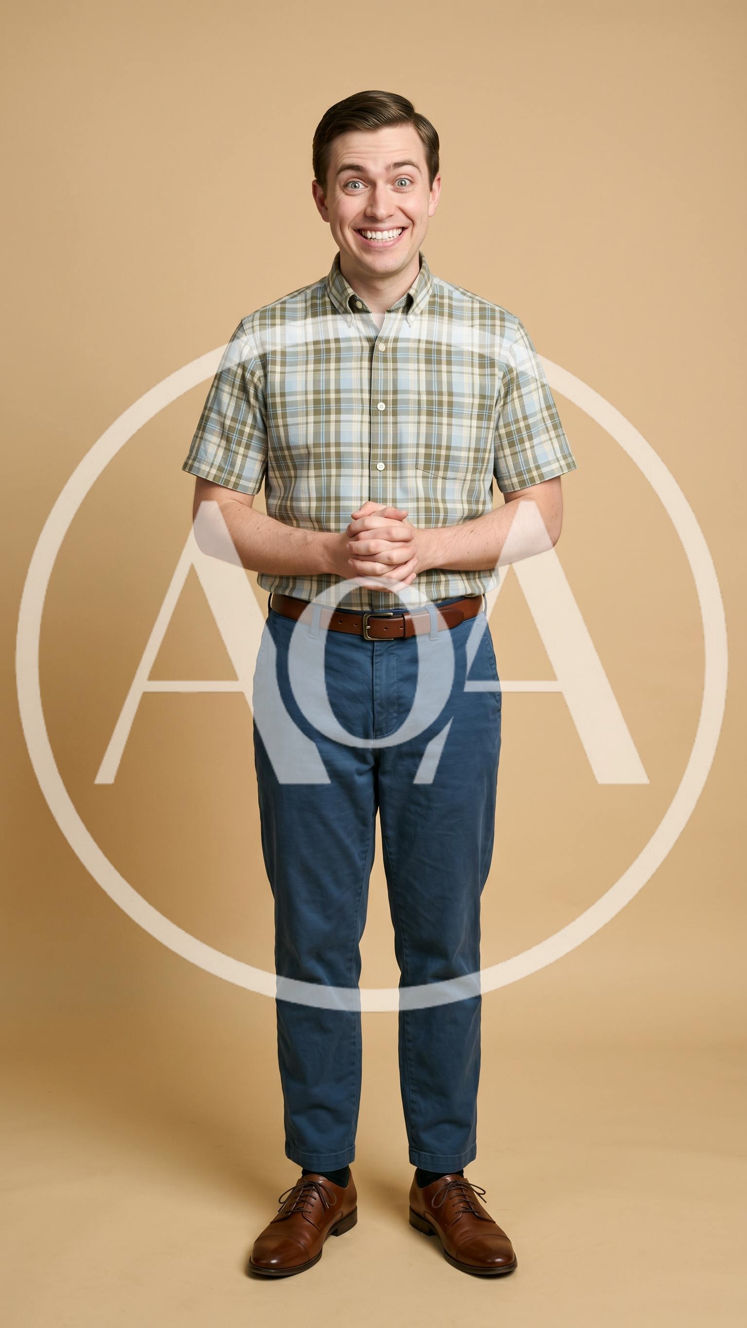 Young Man Standing With Clasped Hands Smiling