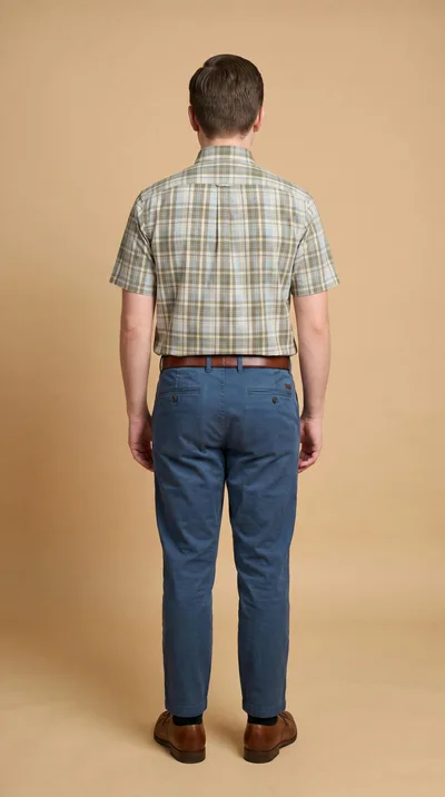 Man Standing In Plaid Shirt And Blue Chinos
