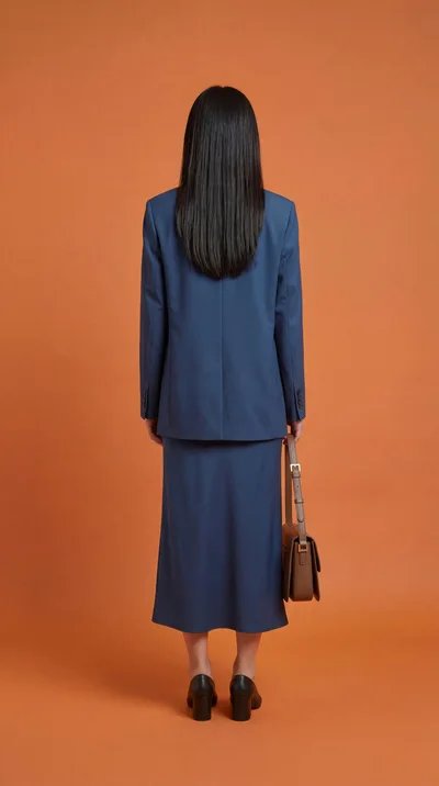 Woman Standing Back View In Blue Suit With Handbag