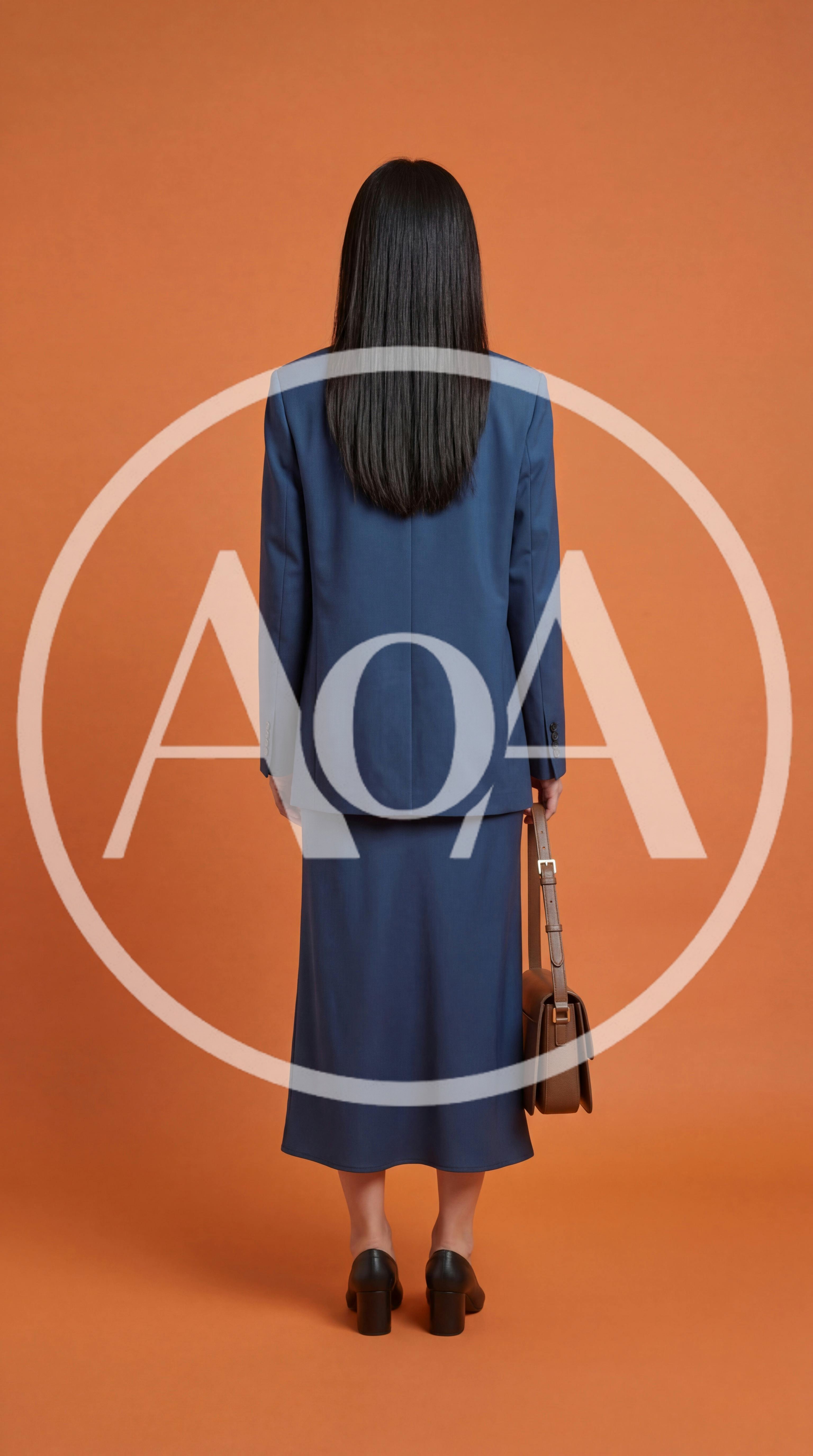 Woman Standing Back View In Blue Suit With Handbag