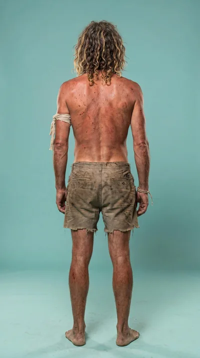 Back View Of A Survivor Man In Tattered Clothing