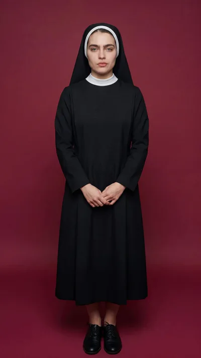 Young Nun Standing Against A Dark Red Background