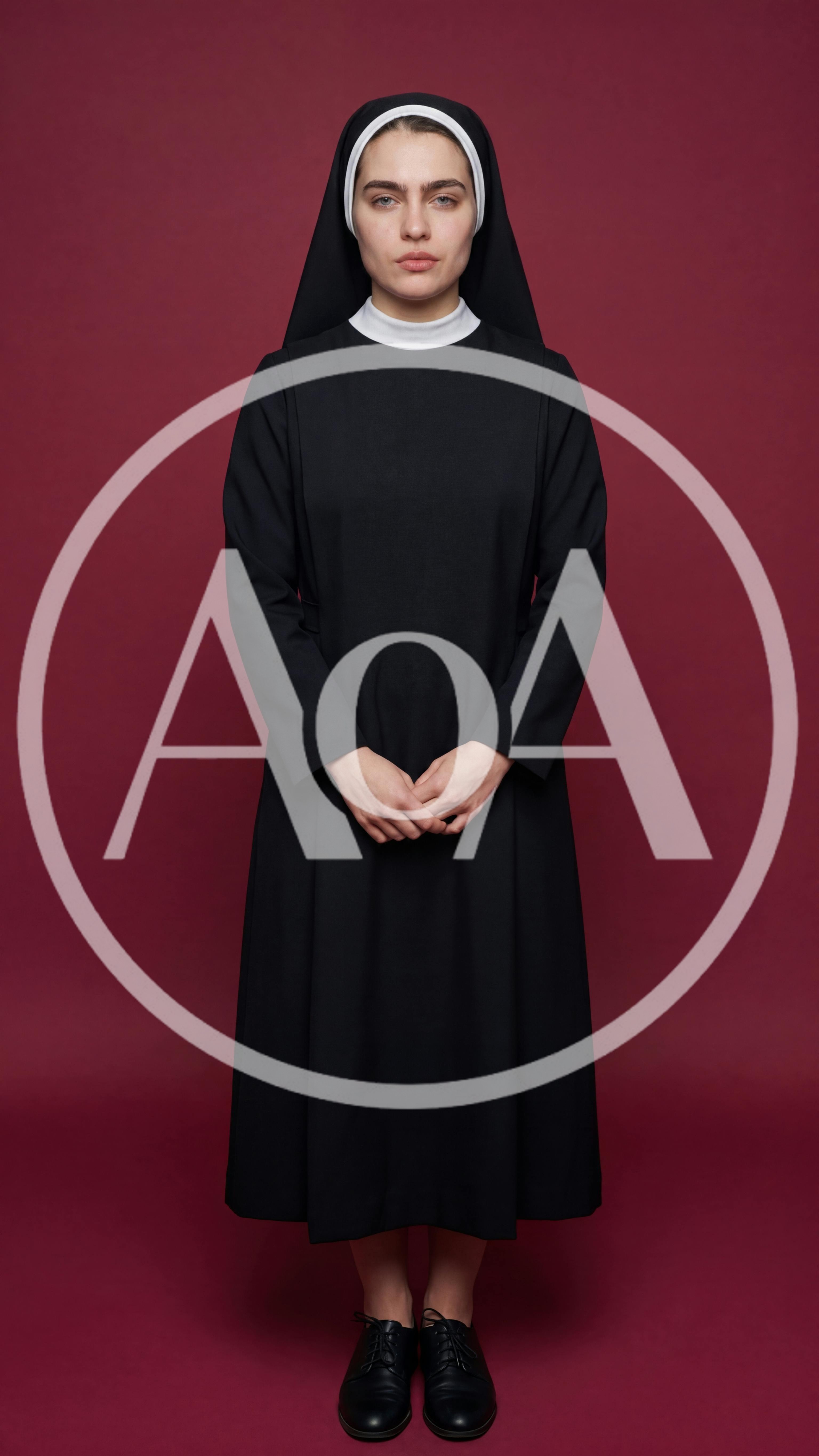 Young Nun Standing Against A Dark Red Background