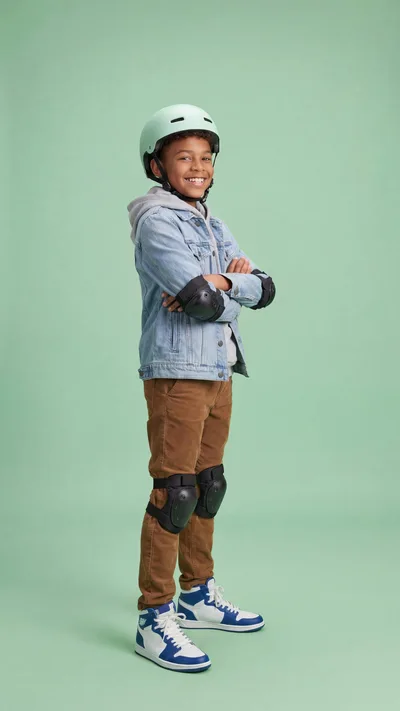 Young Boy Wearing Protective Gear and Helmet