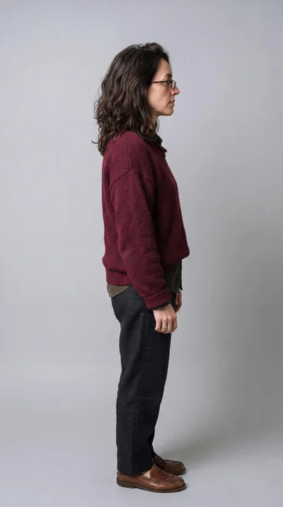 Side Profile Of A Woman Standing Against Grey Background