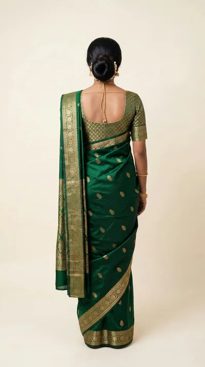 Indian Woman Wearing Traditional Green Silk Saree