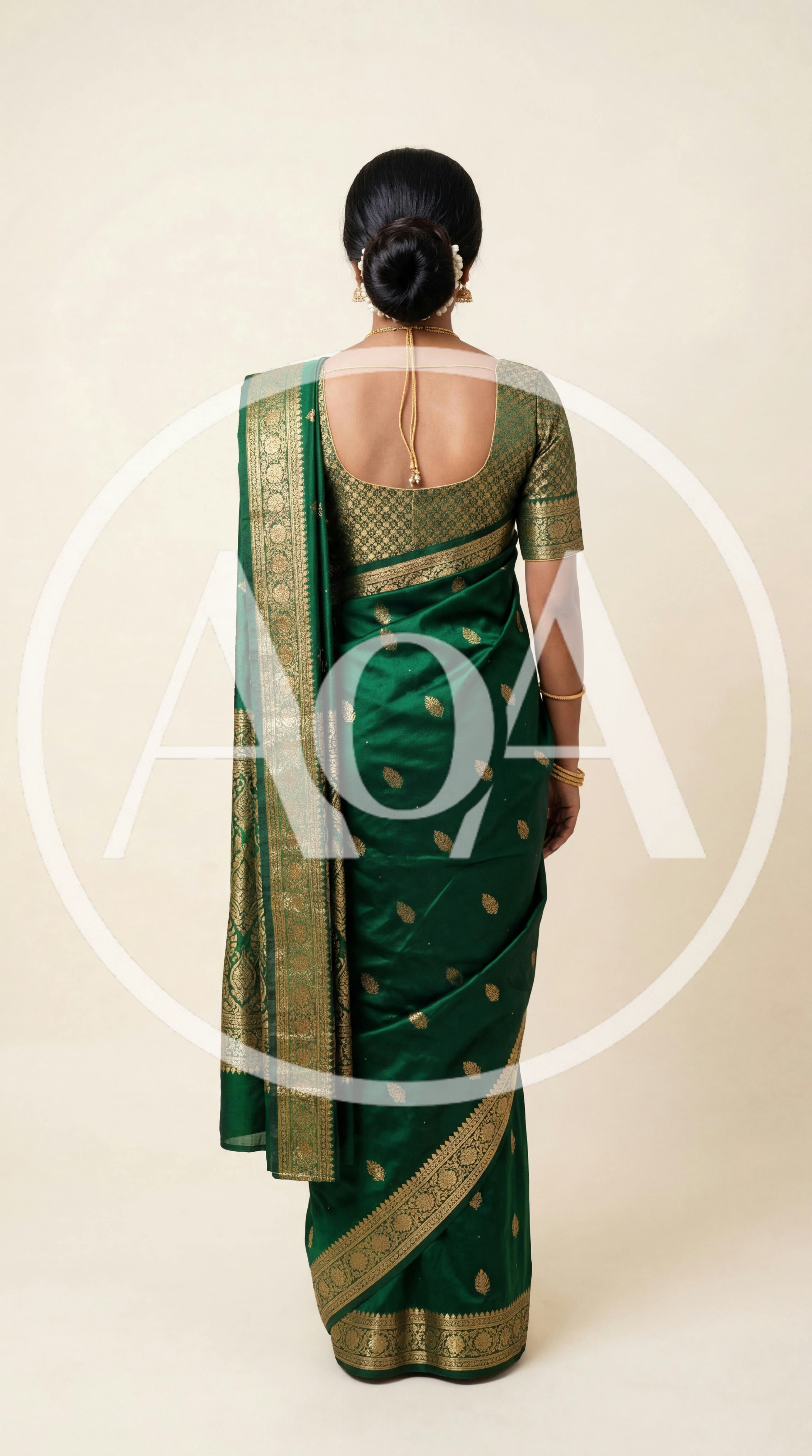 Indian Woman Wearing Traditional Green Silk Saree