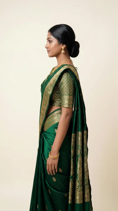 Indian Woman Wearing Traditional Green Silk Saree