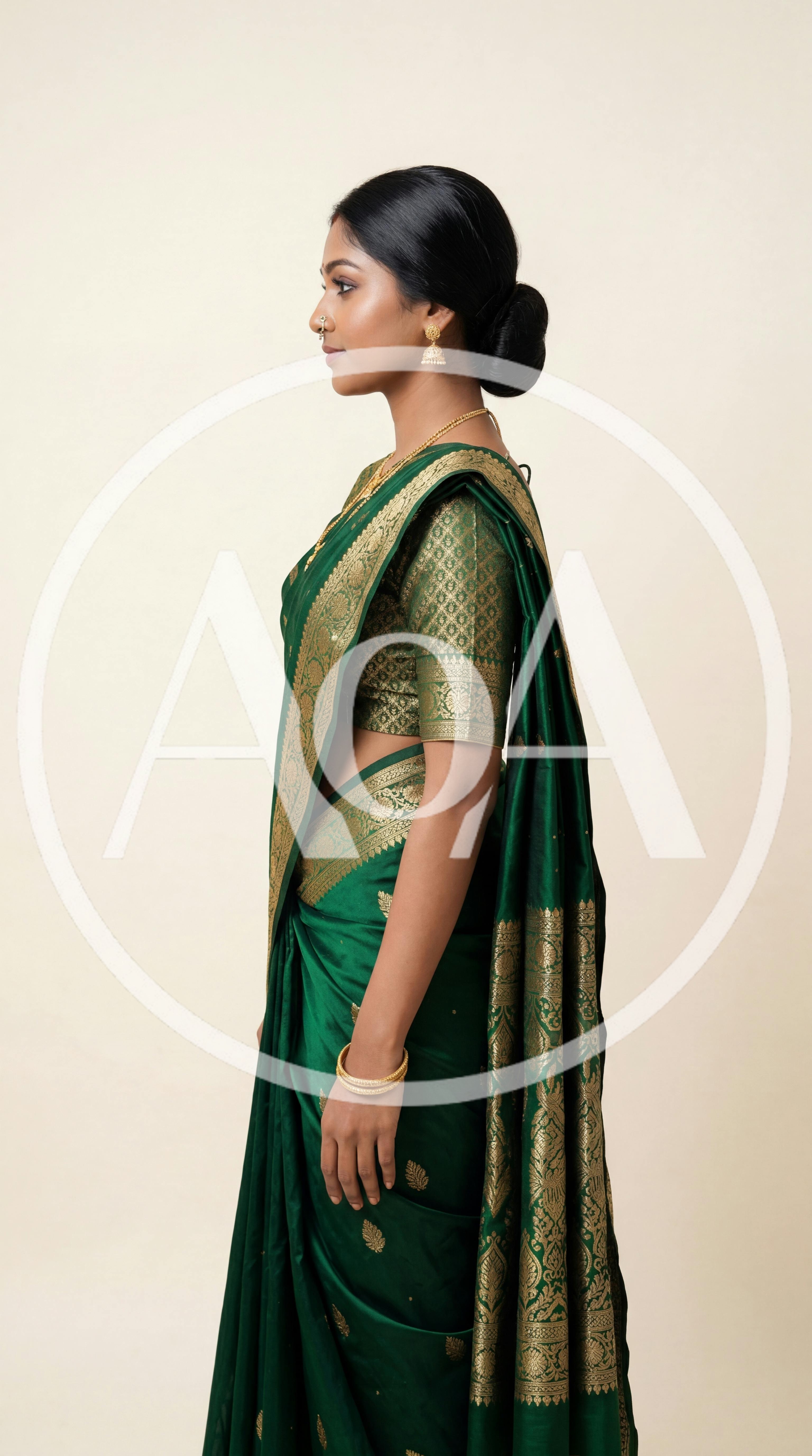 Indian Woman Wearing Traditional Green Silk Saree