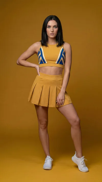 Cheerleader Posing In Yellow Uniform Against Studio Background