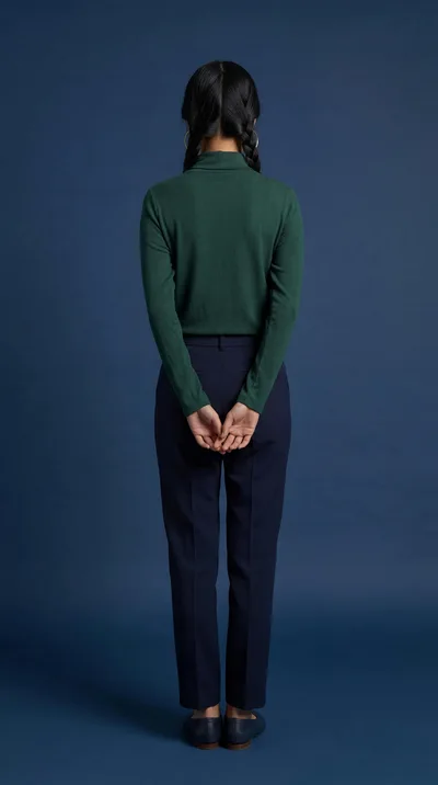 Woman Standing With Hands Behind Back In Studio