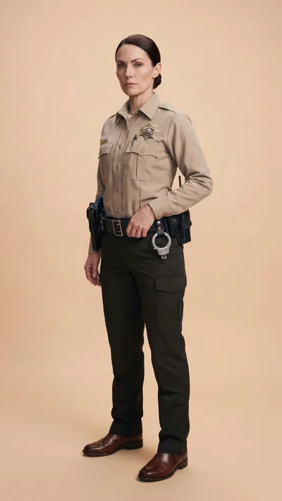 Female Sheriff Standing In Uniform Against Neutral Background