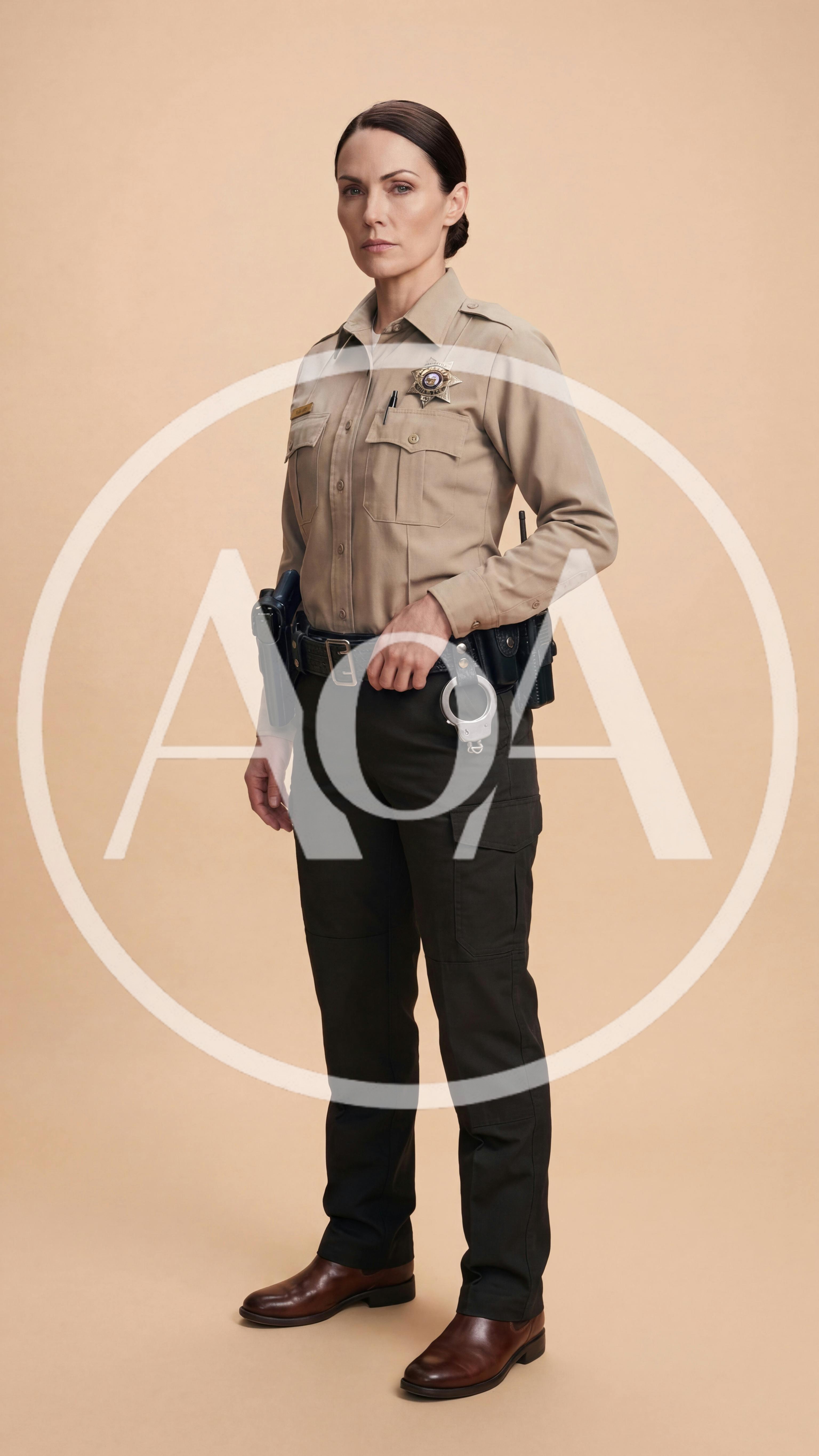 Female Sheriff Standing In Uniform Against Neutral Background